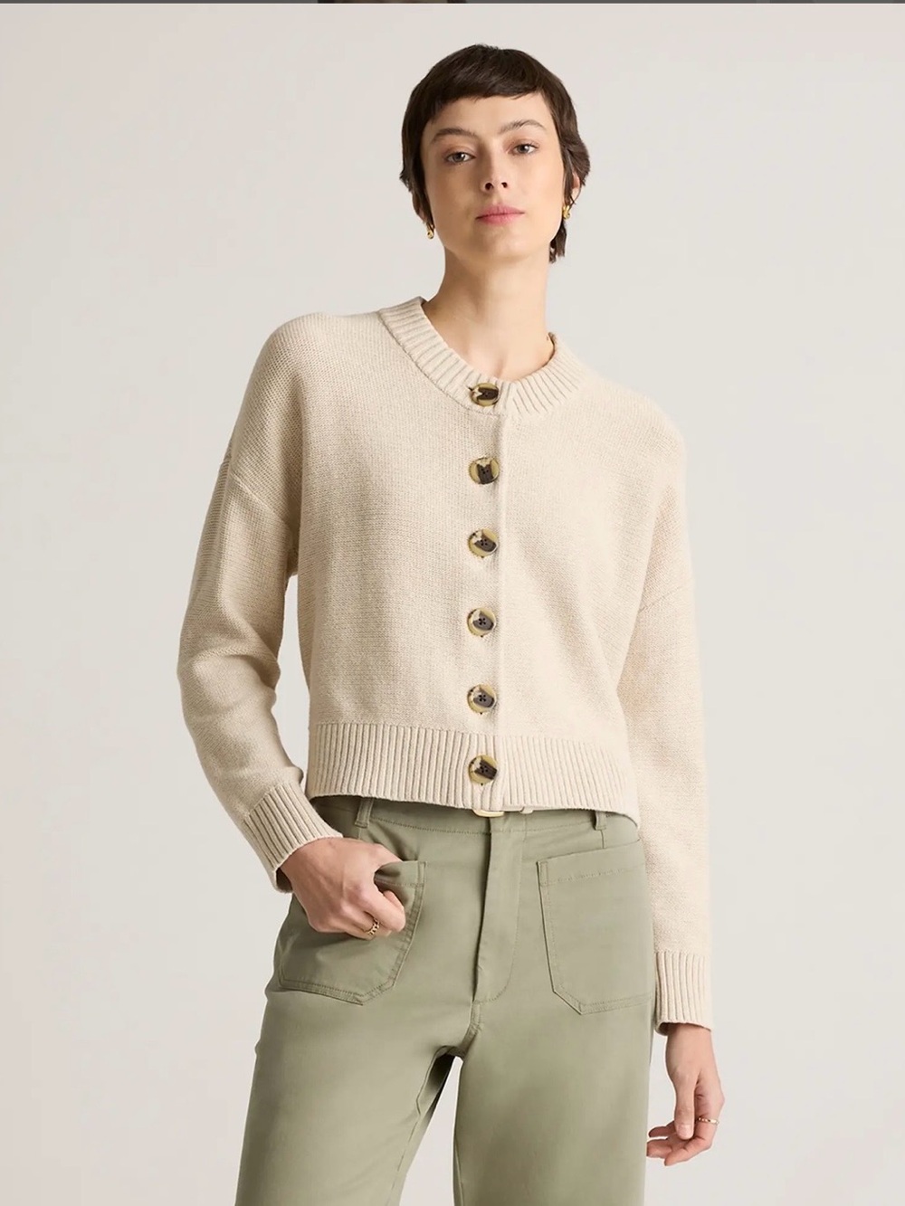 Quince Camel Button Crewneck Cardigan Sweater